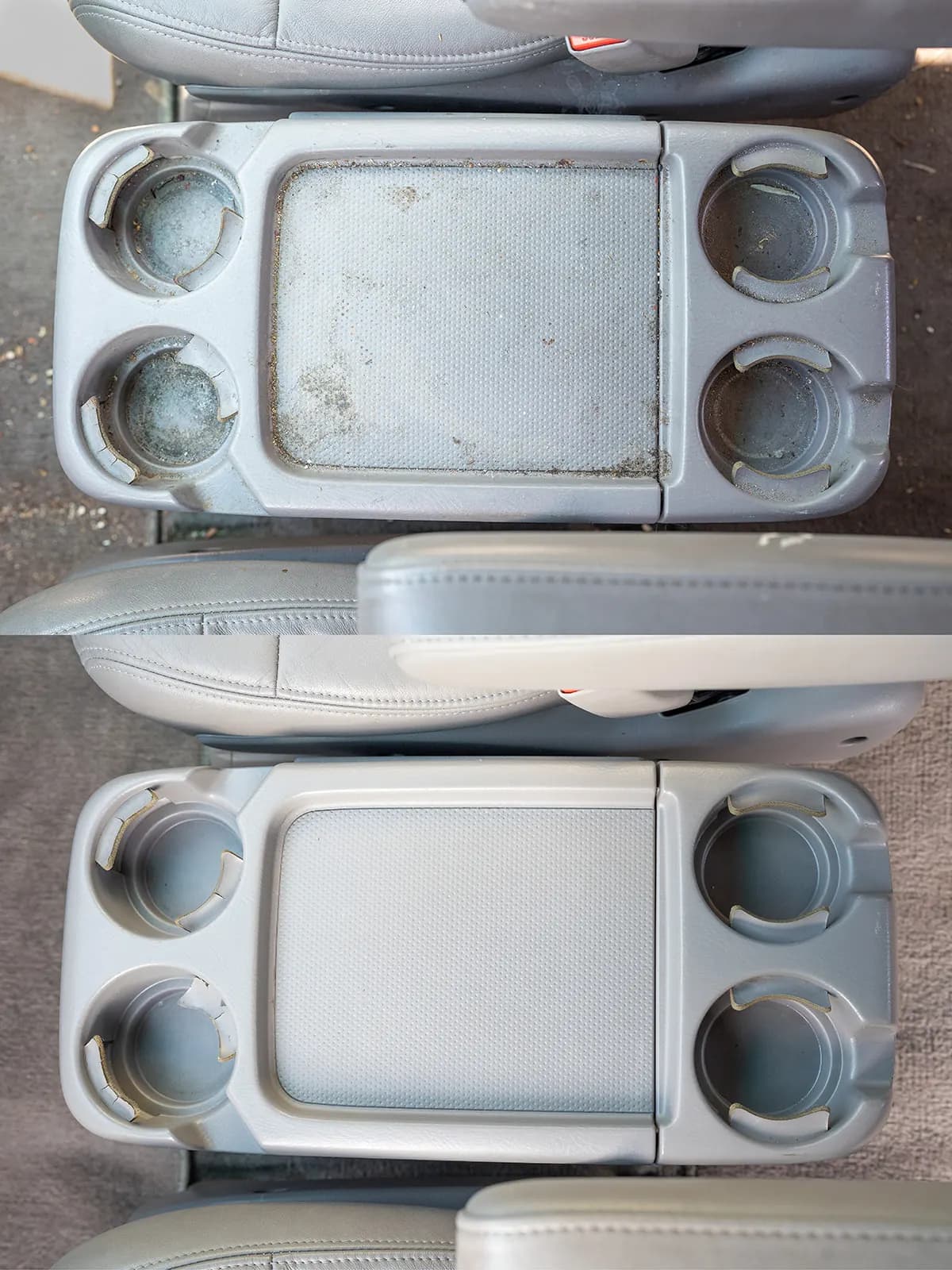 Moldy, dirty cupholders and console tray before cleaning. Cupholders and console tray fully cleaned after detailing.