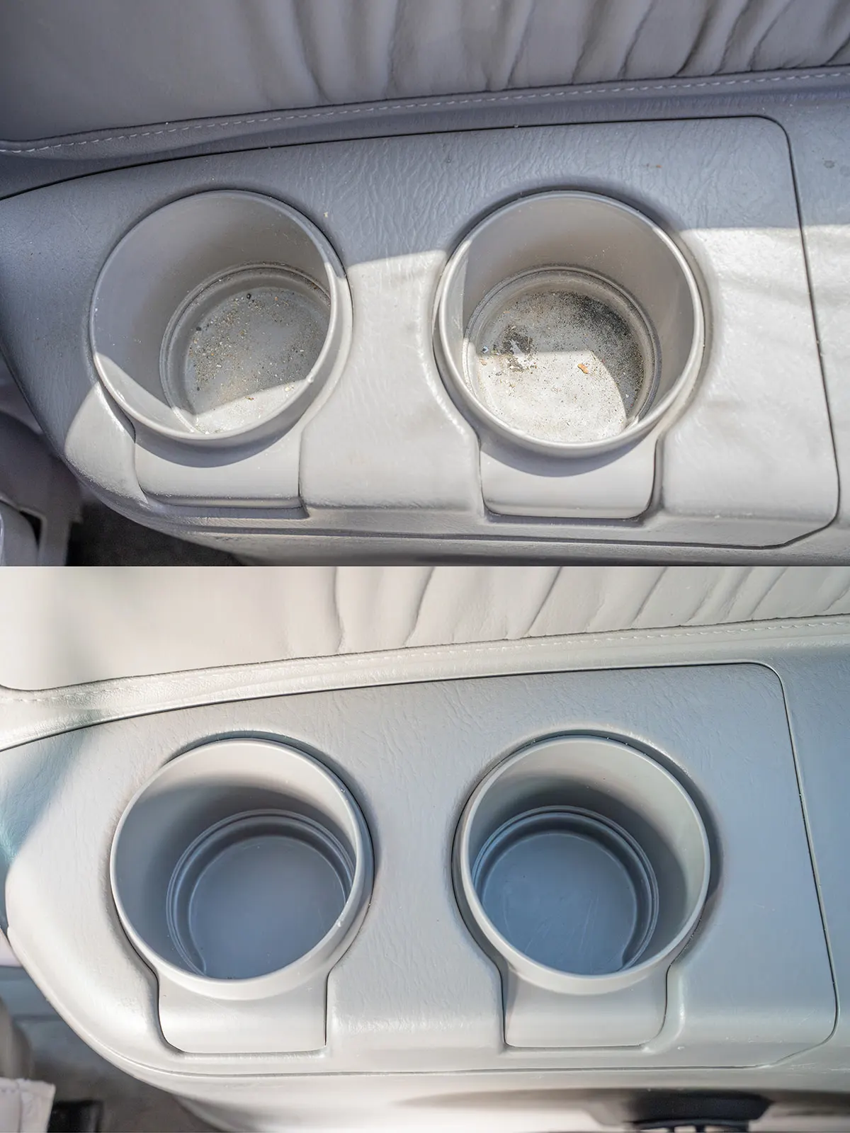 Dirty, debris-filled cupholder inserts before cleaning. Cupholders fully cleaned after detailing.