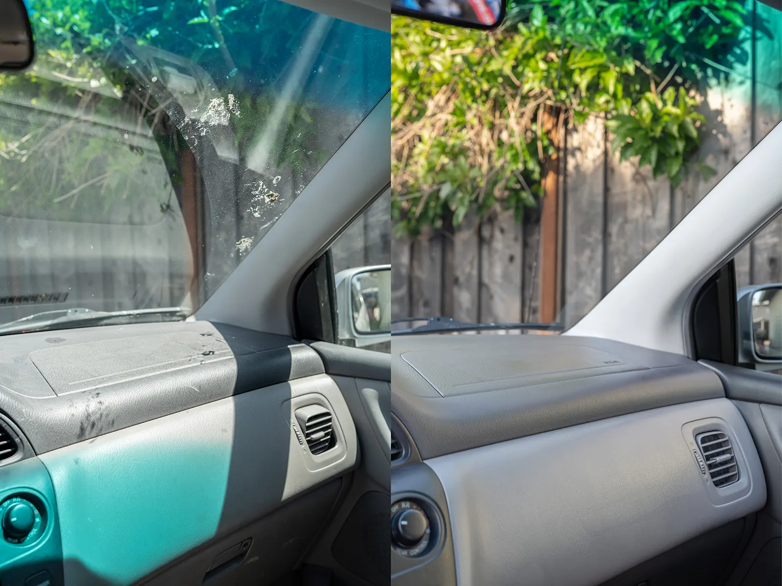 Dusty dashboard and a windshield hazed with residue and pollen before cleaning. Dashboard and windshield fully cleaned with a clear view outside after detailing.