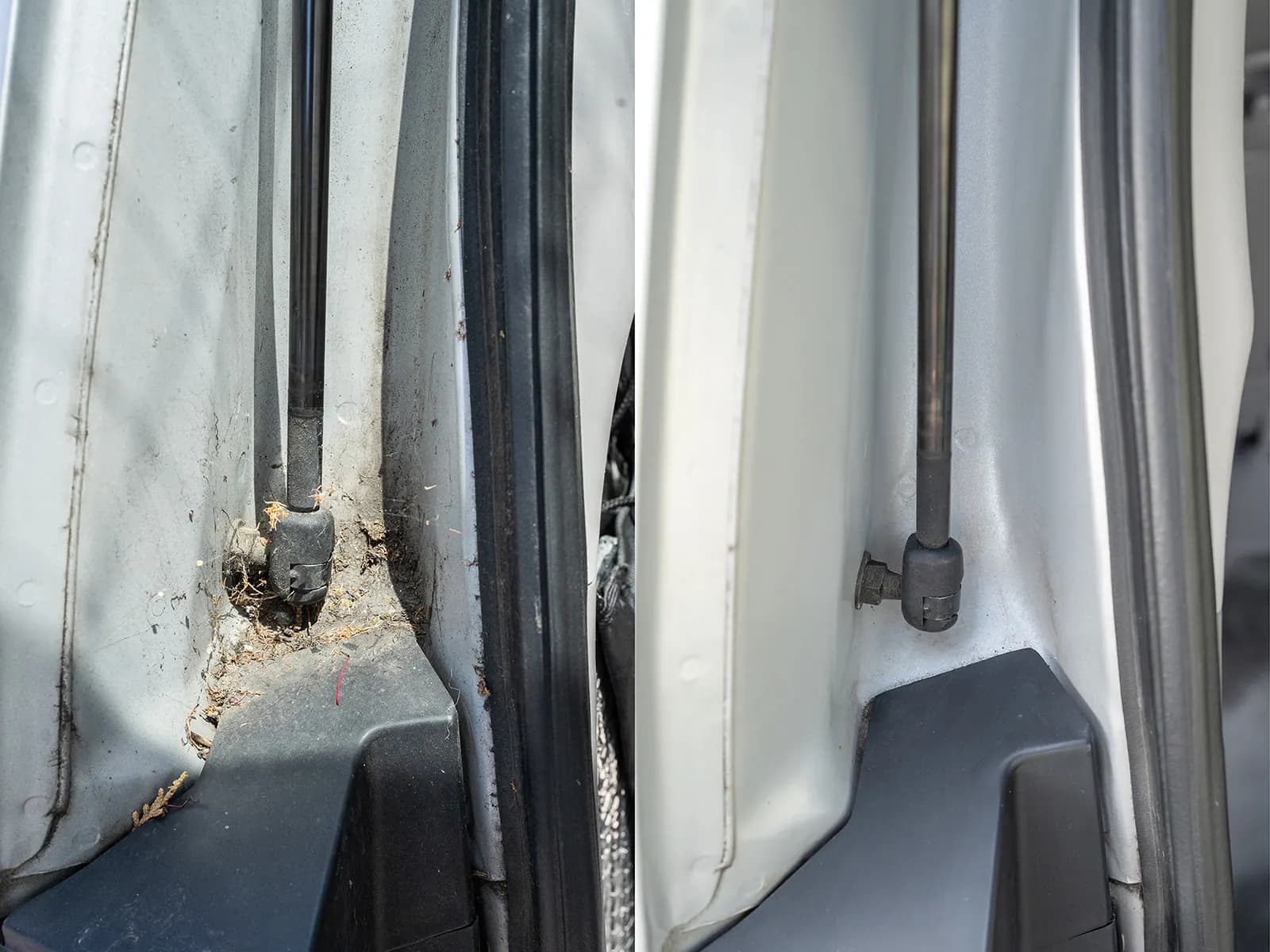 Door jamb and hinge area packed with leaves, dirt, and debris before cleaning. Door jamb fully cleaned out after detailing.