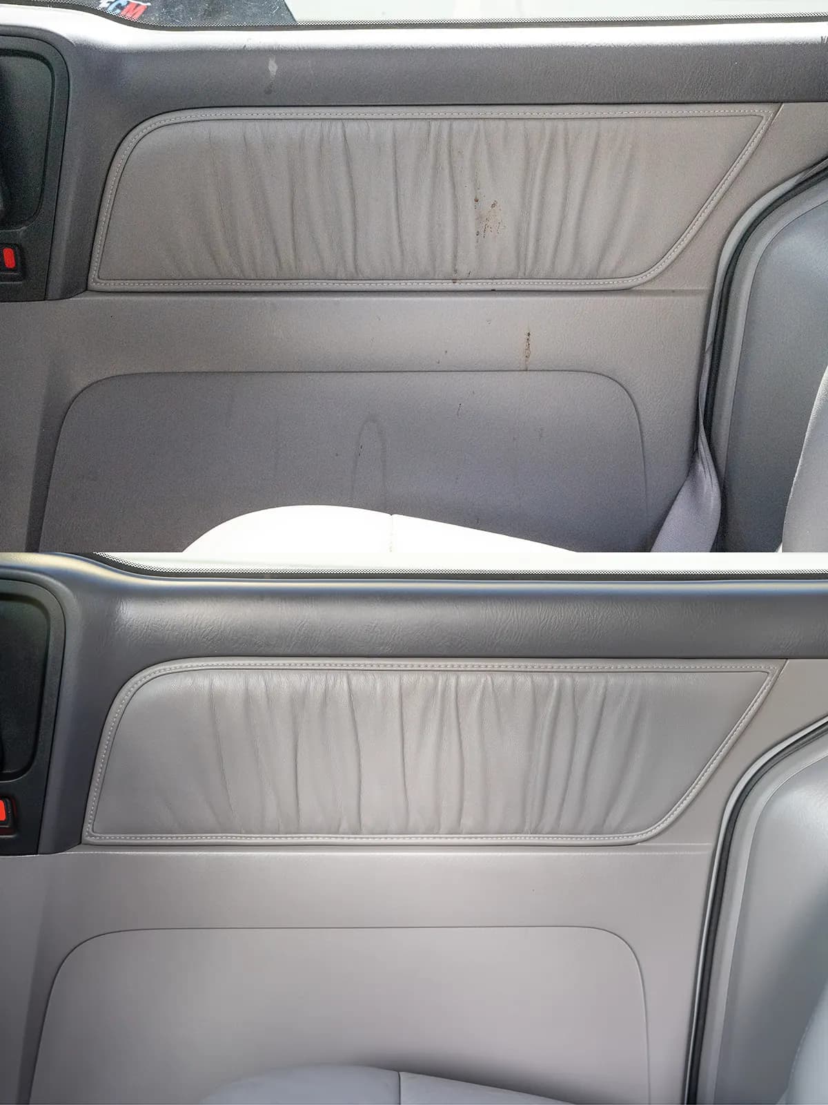 Rust-colored stains on a leather door panel and armrest before cleaning. Door panel fully cleaned after detailing.