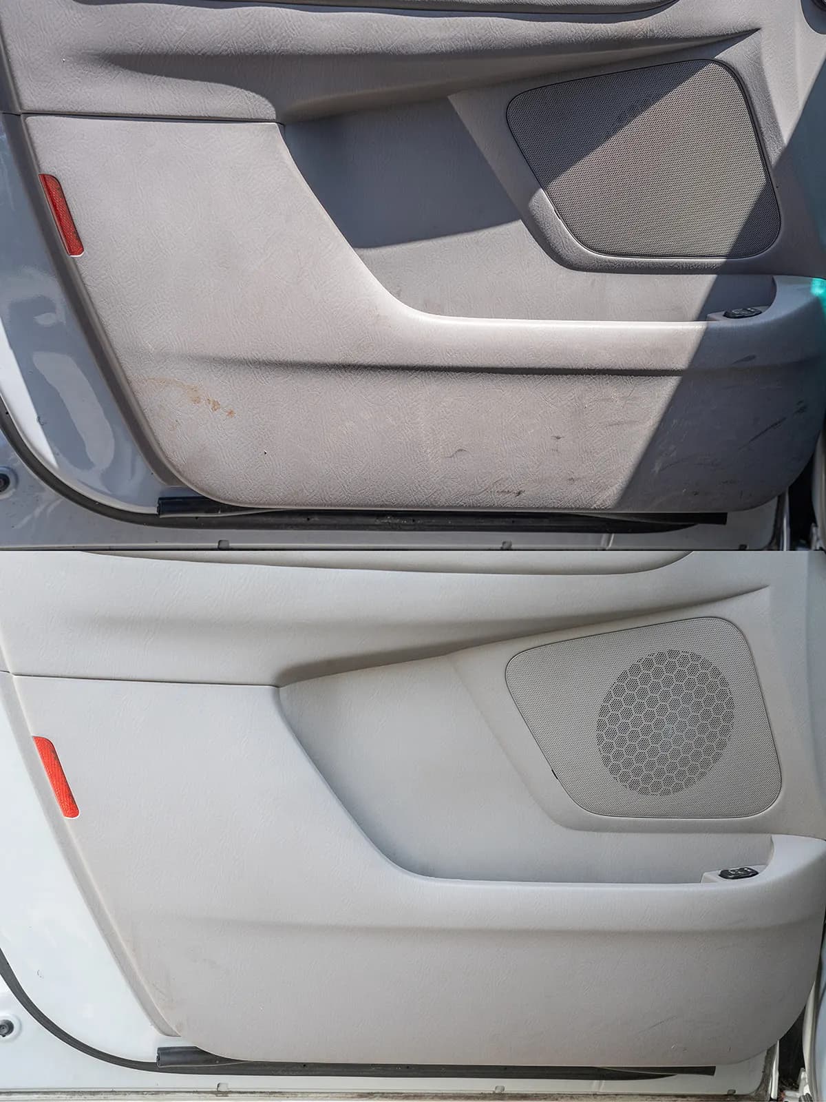 Dirty, scuffed door panel with a visible smudge near the speaker grille before cleaning. Door panel fully cleaned after detailing.