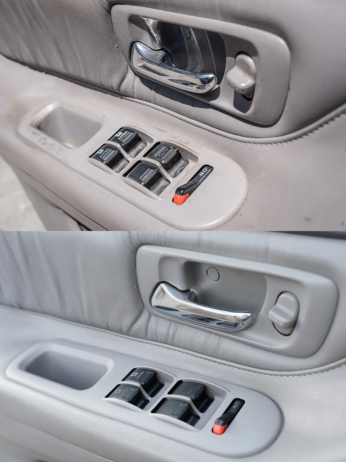 Grimy window switch cluster and door handle before cleaning. Window switch cluster and door handle fully cleaned after detailing.