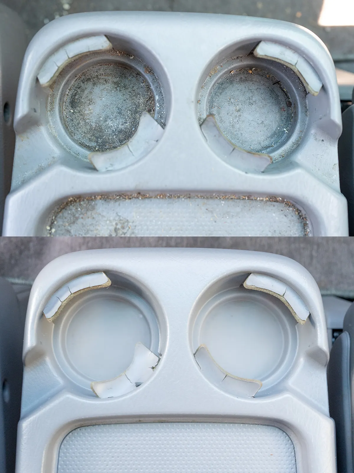 Grimy, debris-filled cupholders and console tray before cleaning. Console fully cleaned after detailing.