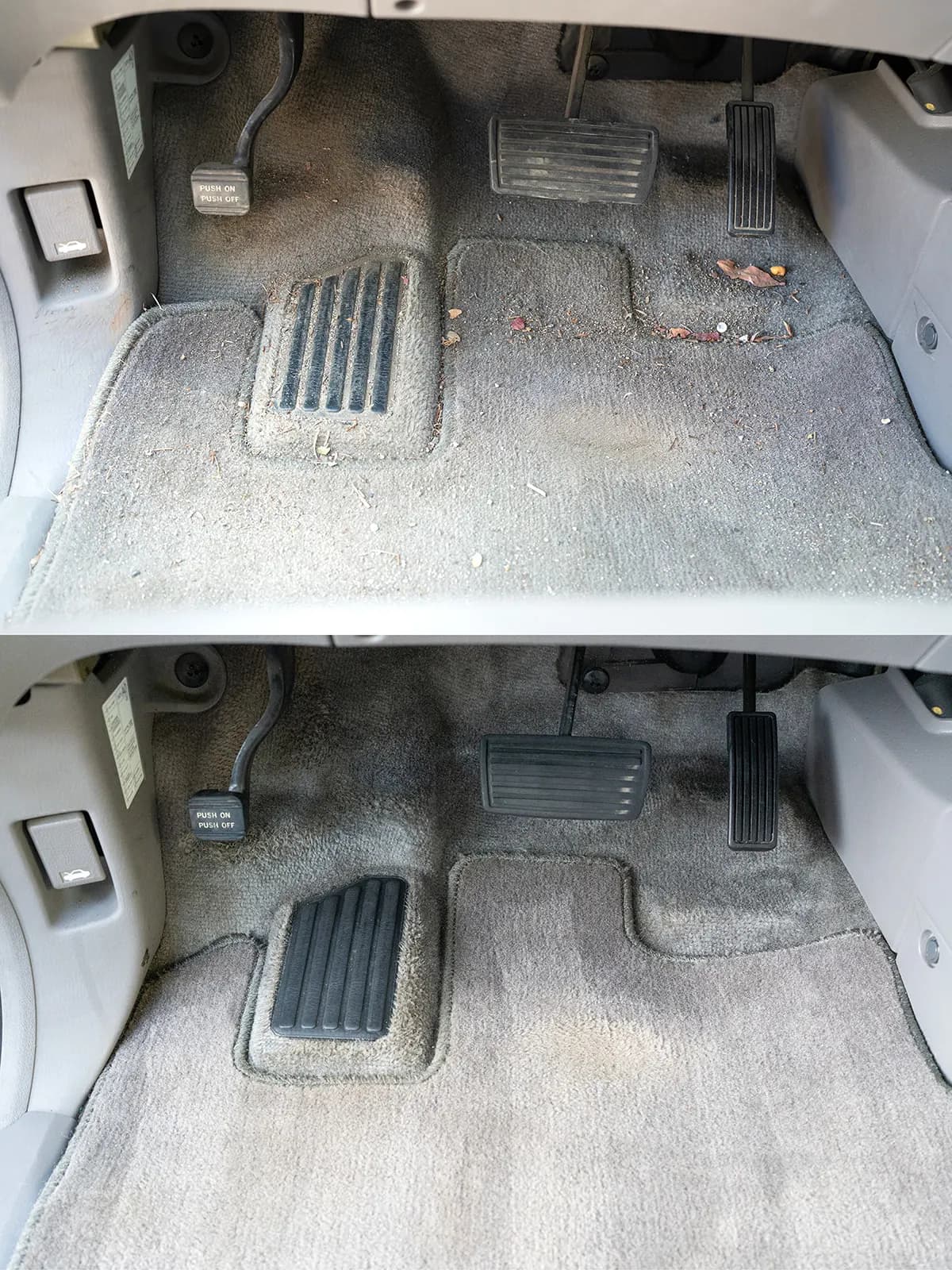 Debris and leaves scattered around the brake and accelerator pedals before cleaning. Front footwell fully cleaned around the pedals after detailing.