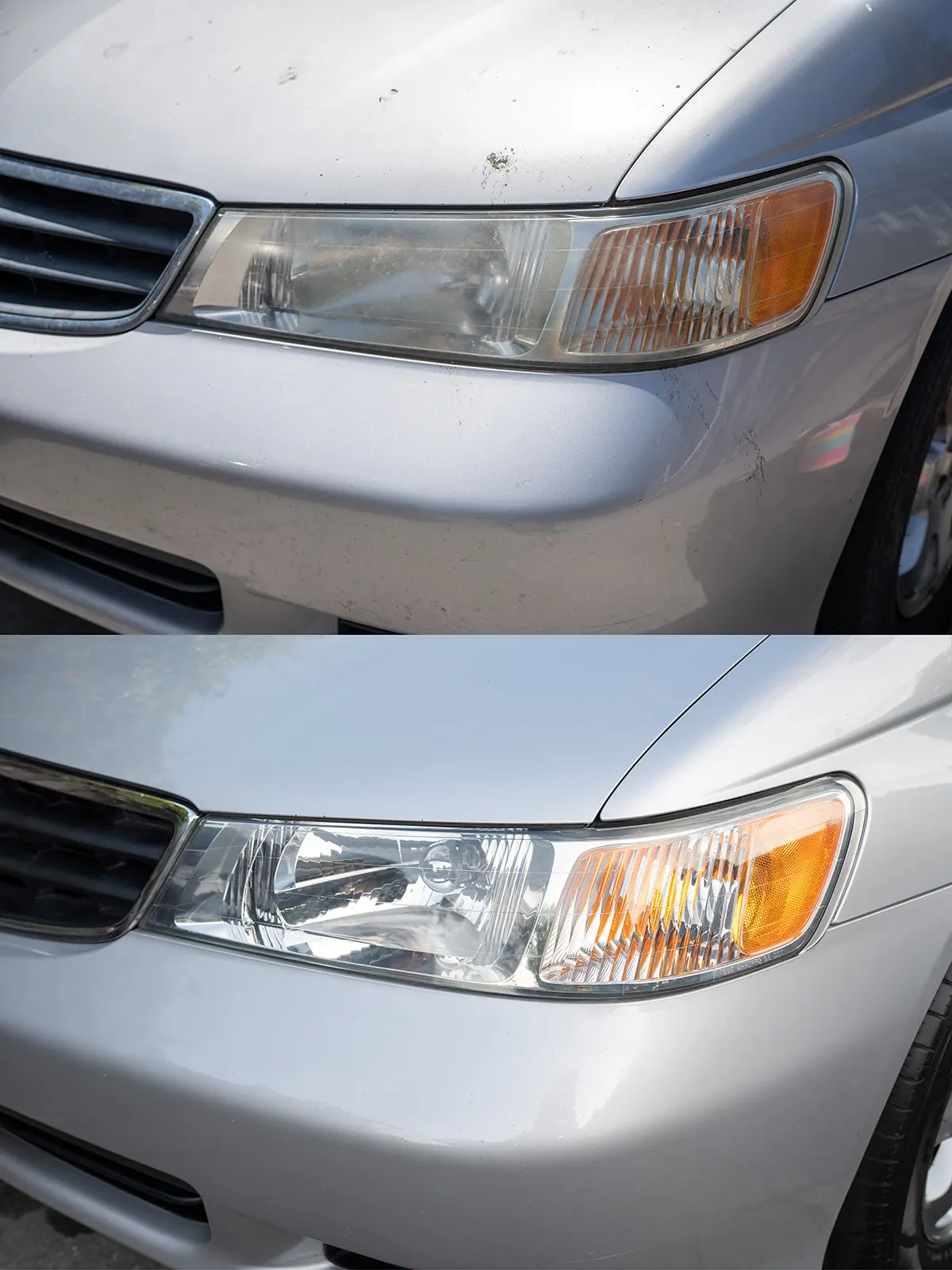 Hazy, yellowed headlight lens and a dirty, bug-streaked hood before detailing. Fully clear, restored headlight lens and a clean hood after detailing.