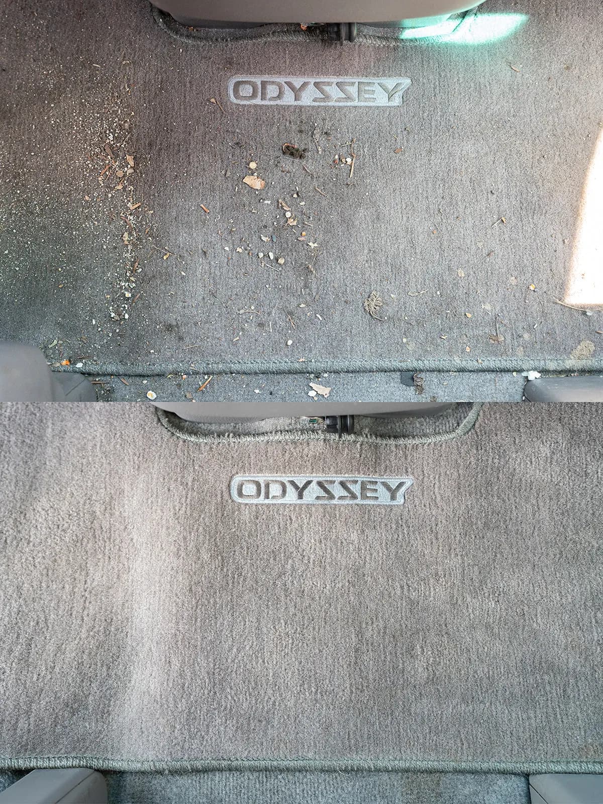 Debris-covered rear cargo carpet in a Honda Odyssey before cleaning. Rear cargo carpet fully cleaned after detailing.