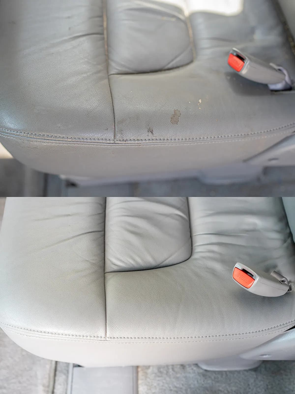 Visible stain on a leather seat near the seatbelt buckle before cleaning. Leather seat fully cleaned with the stain removed after detailing.