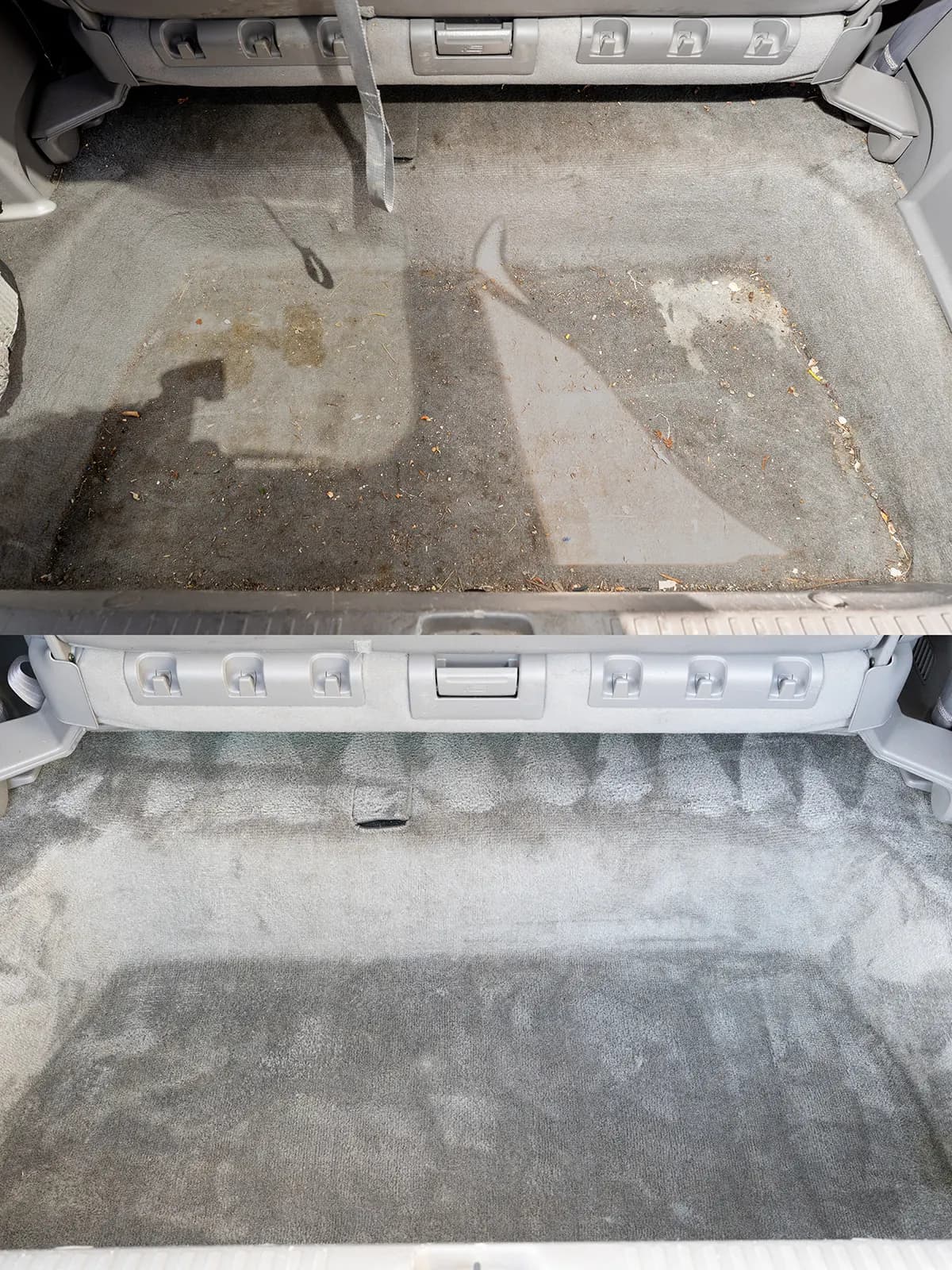 Trunk carpet covered in dirt, debris, and stains before cleaning. Trunk carpet fully cleaned to a uniform gray after shampoo and steam clean.