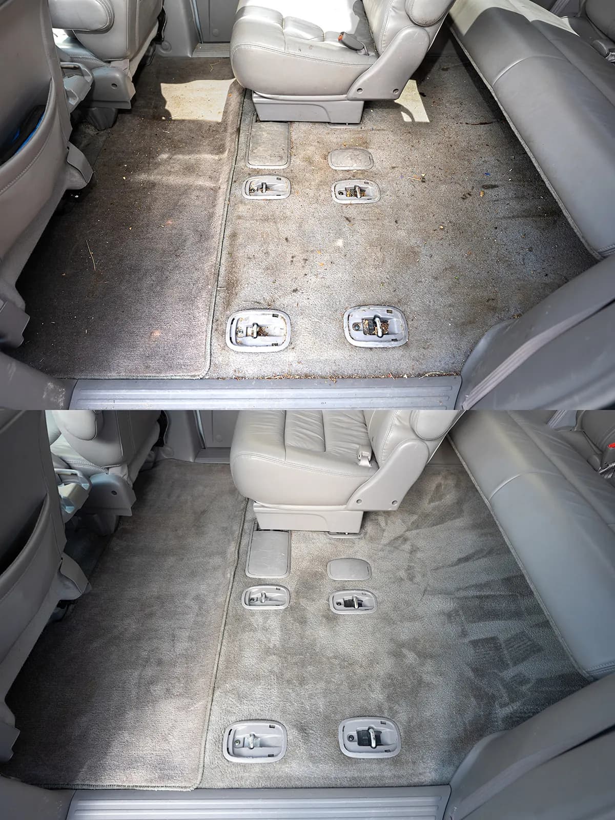 Debris-covered cargo floor carpet near a rear seat before cleaning. Cargo floor carpet fully cleaned after detailing.