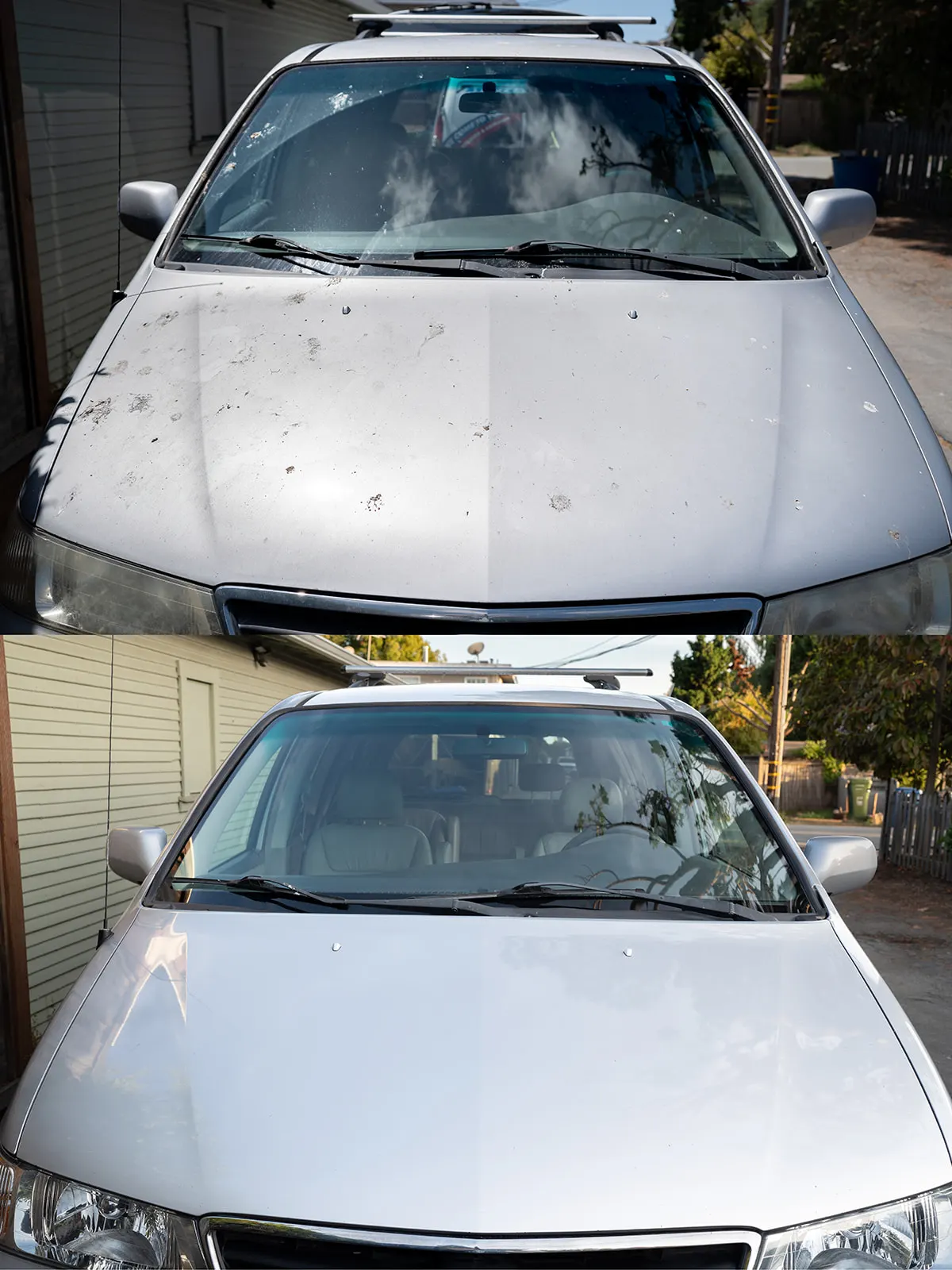 Hood and windshield covered in dirt, tree sap spots, and grime before washing. Hood and windshield fully washed and spotless after detailing.