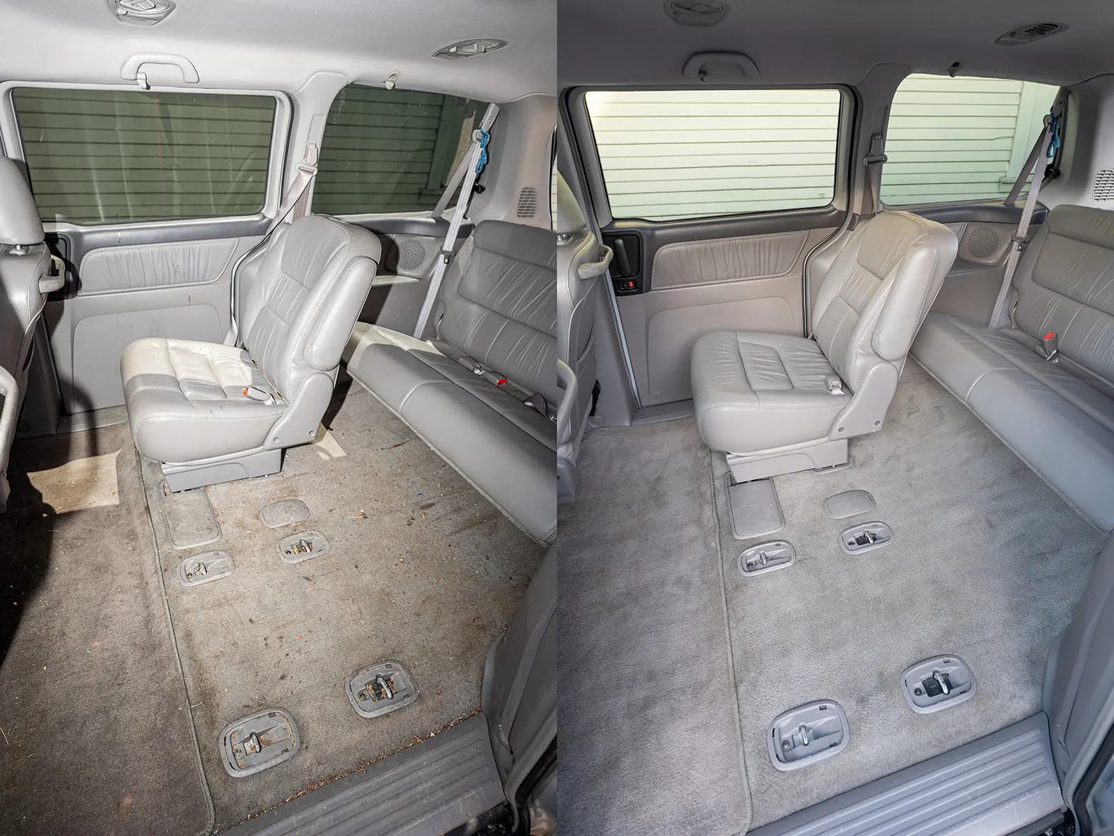 Stained, debris-covered cargo floor carpet next to a captain's chair before cleaning. Cargo floor carpet fully cleaned after detailing.