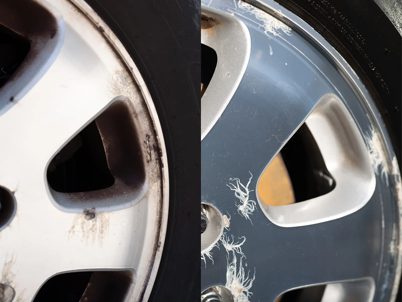Close-up of a wheel spoke coated in dark grime before cleaning. Wheel spoke fully polished and clean after detailing.