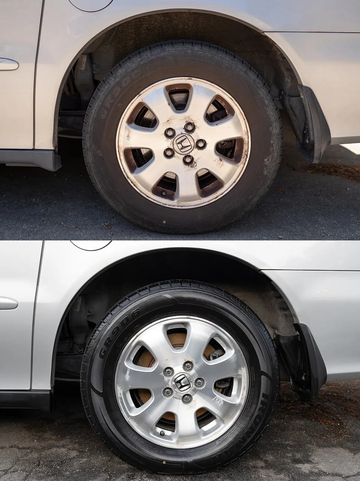 Wheel and wheel well coated in brake dust and grime before cleaning. Wheel polished with a visibly clean wheel well after detailing.