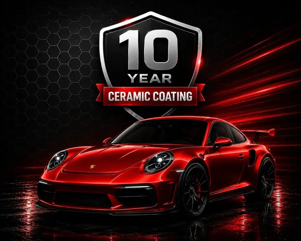 10-Year Ceramic Coating graphic showing a red sports car with a protective coating shield badge.