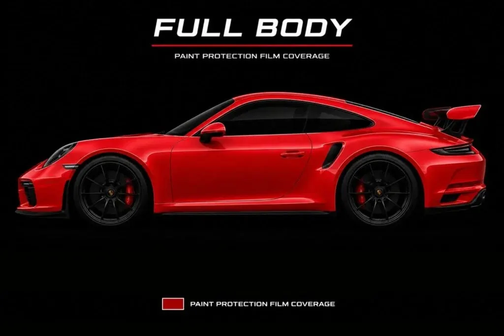 Full Body Paint Protection Film coverage graphic showing a red sports car with the covered panels highlighted.