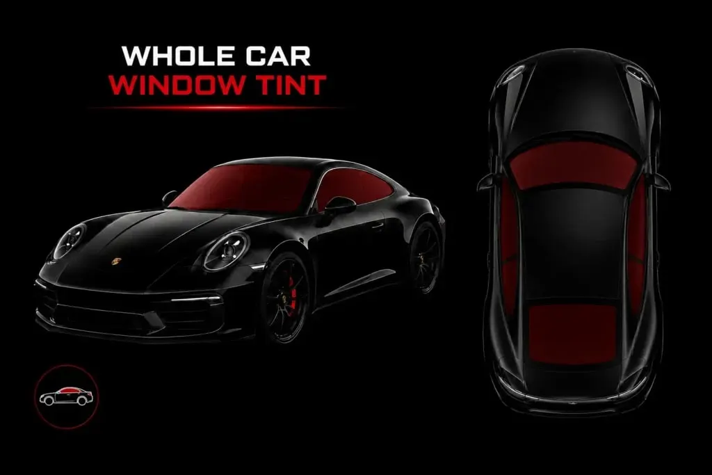 Whole Car Window Tint graphic showing a black sports car from the side and from above with tinted windows highlighted.