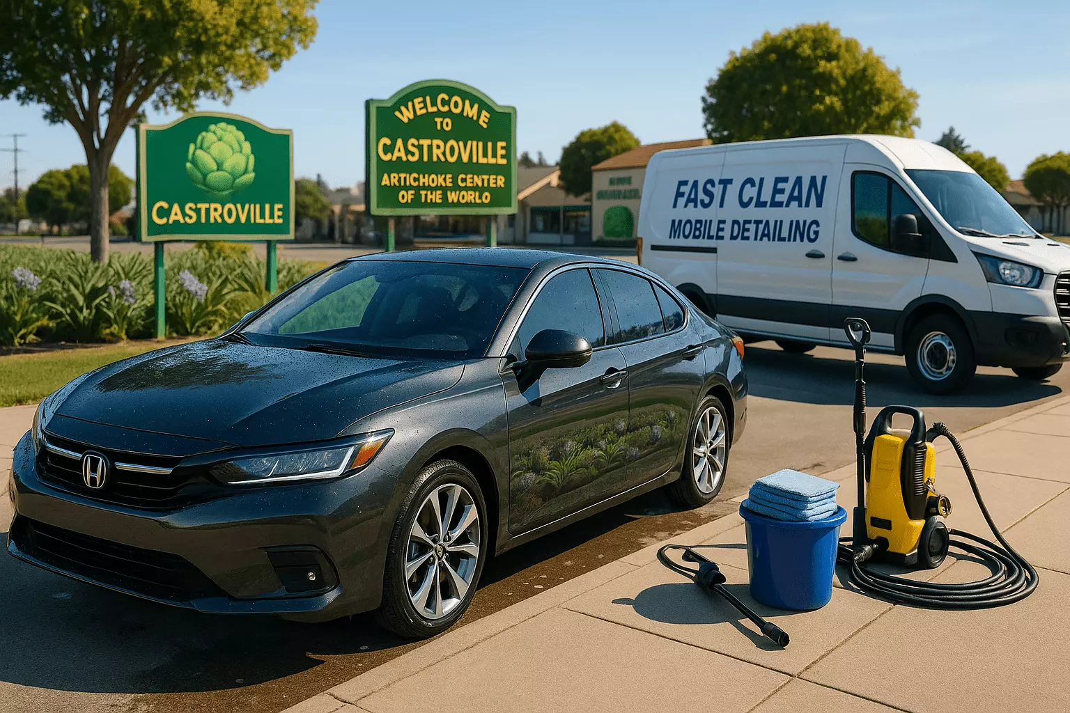 Freshly detailed sedan in Castroville with artichoke fields and Giant Artichoke Restaurant reflection by Fast Clean Mobile Detailing LLC