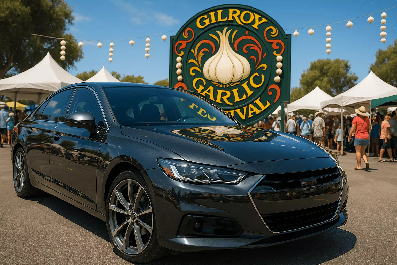 A sleek, modern car with a glossy finish, showcasing the effects of ceramic coating, parked in front of the Gilroy Garlic Festival sign. The background includes festival tents, garlic bulbs, and people enjoying the event under a bright, sunny sky.