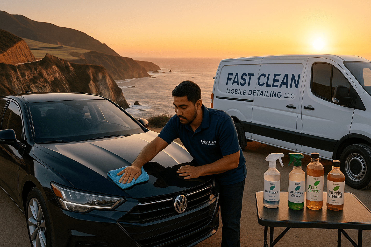 A professional detailer from Fast Clean Mobile Detailing LLC polishes a black sedan at a scenic Big Sur cliffside overlook during sunset, with eco-friendly products displayed nearby and the Pacific Ocean in the background.