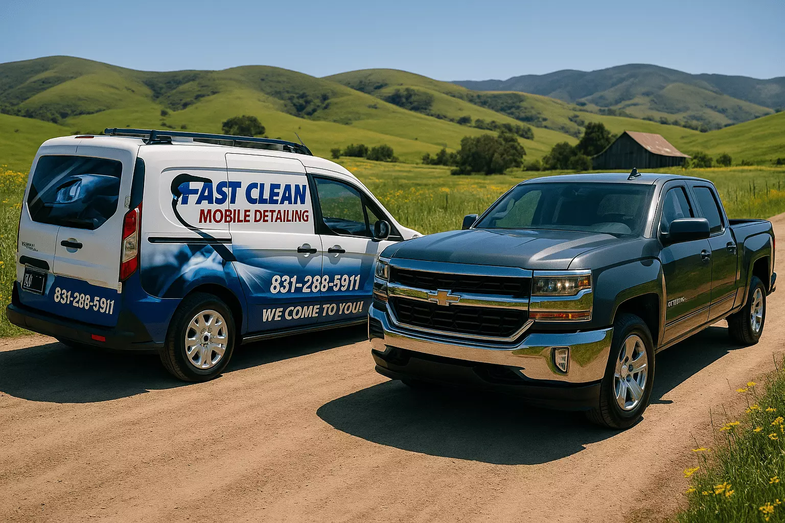 Fast Clean Mobile Detailing LLC van on a dirt road in Aromas, California, with a freshly detailed pickup truck in the foreground, surrounded by rural hills and a barn.