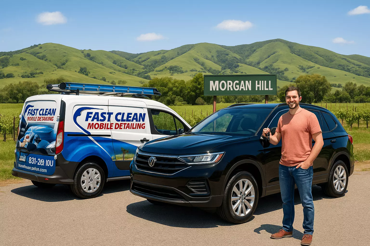 Fast Clean Mobile Detailing van in Morgan Hill with a shiny SUV and happy customer.