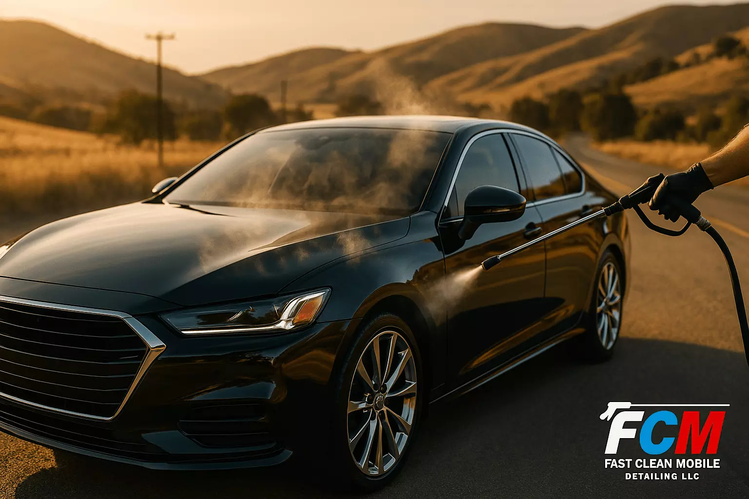 Shiny car receiving steam cleaning and paint protection in Hollister, CA, by Fast Clean Mobile Detailing LLC.