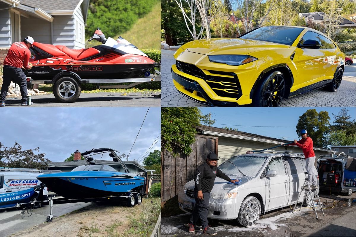 Professional team detailing a boat and car at Moss Landing harbor.