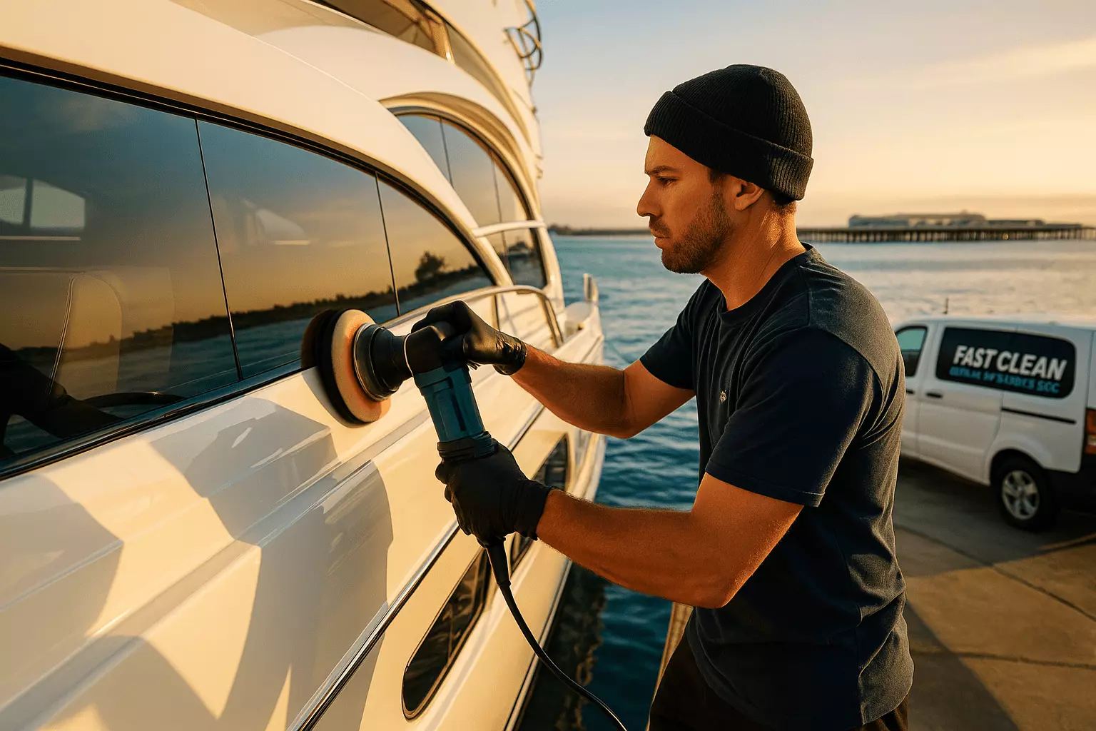 Professional detailing a yacht at Santa Cruz Harbor with ceramic coating.