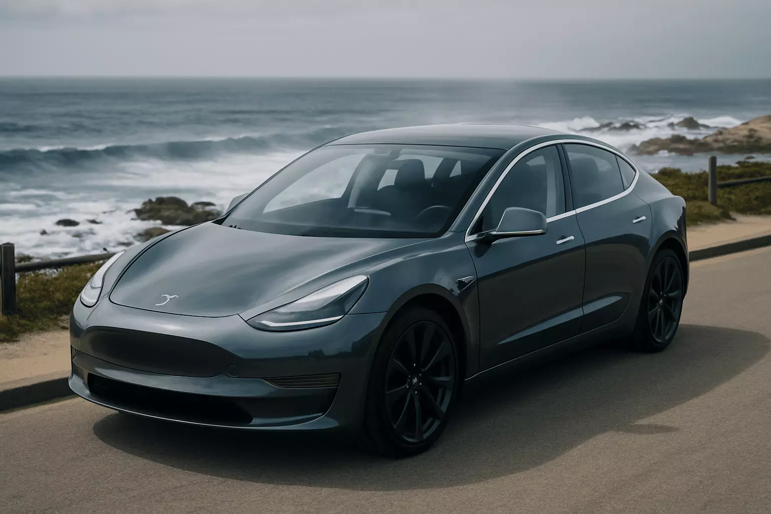 A shiny car with protected paint parked near Monterey Bay, illustrating the effectiveness of paint protection services against ocean salt.