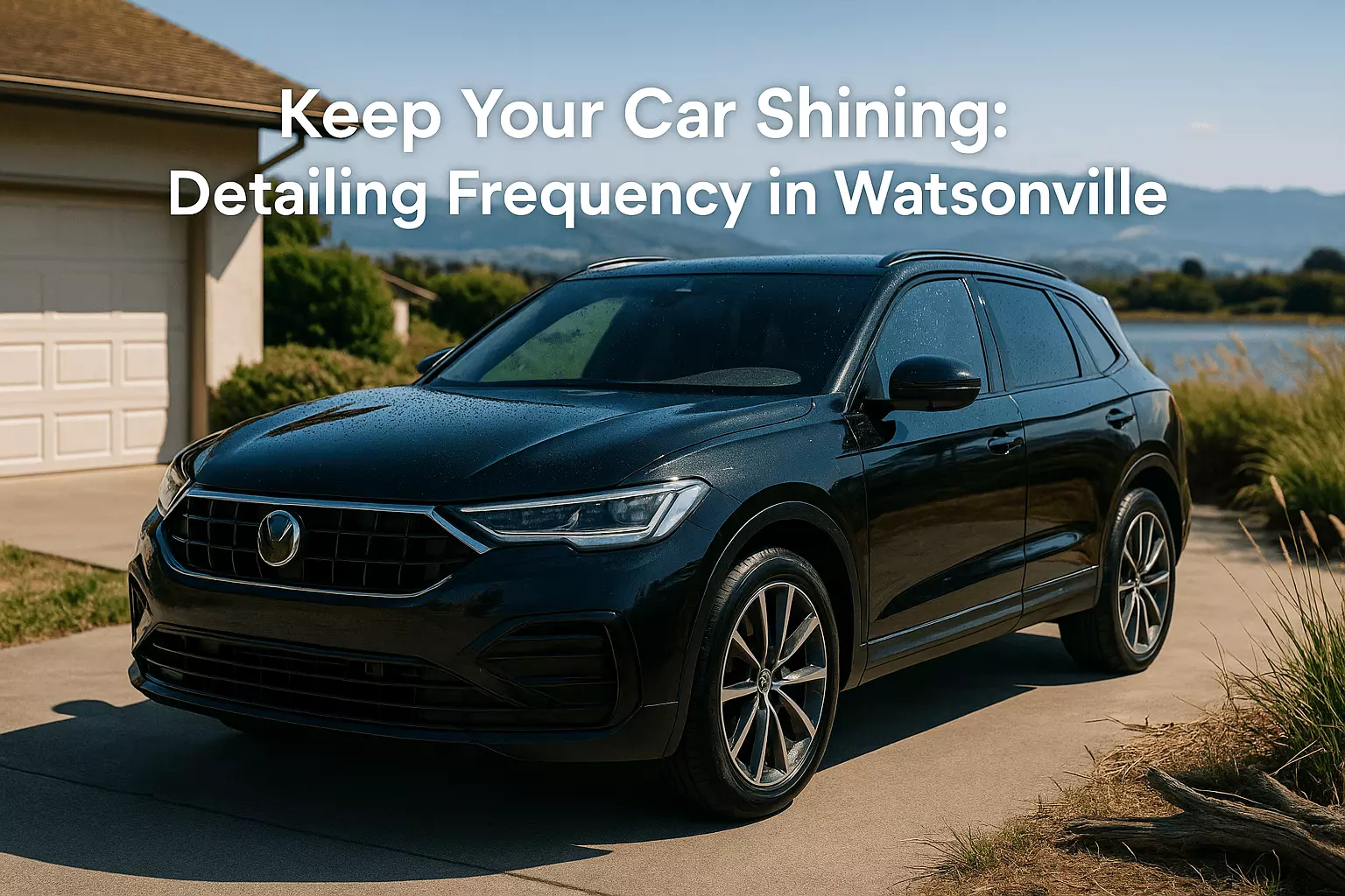 Luxury car with reflective finish near Watsonville waterfront, text: Keep Your Car Shining: Detailing Frequency in Watsonville