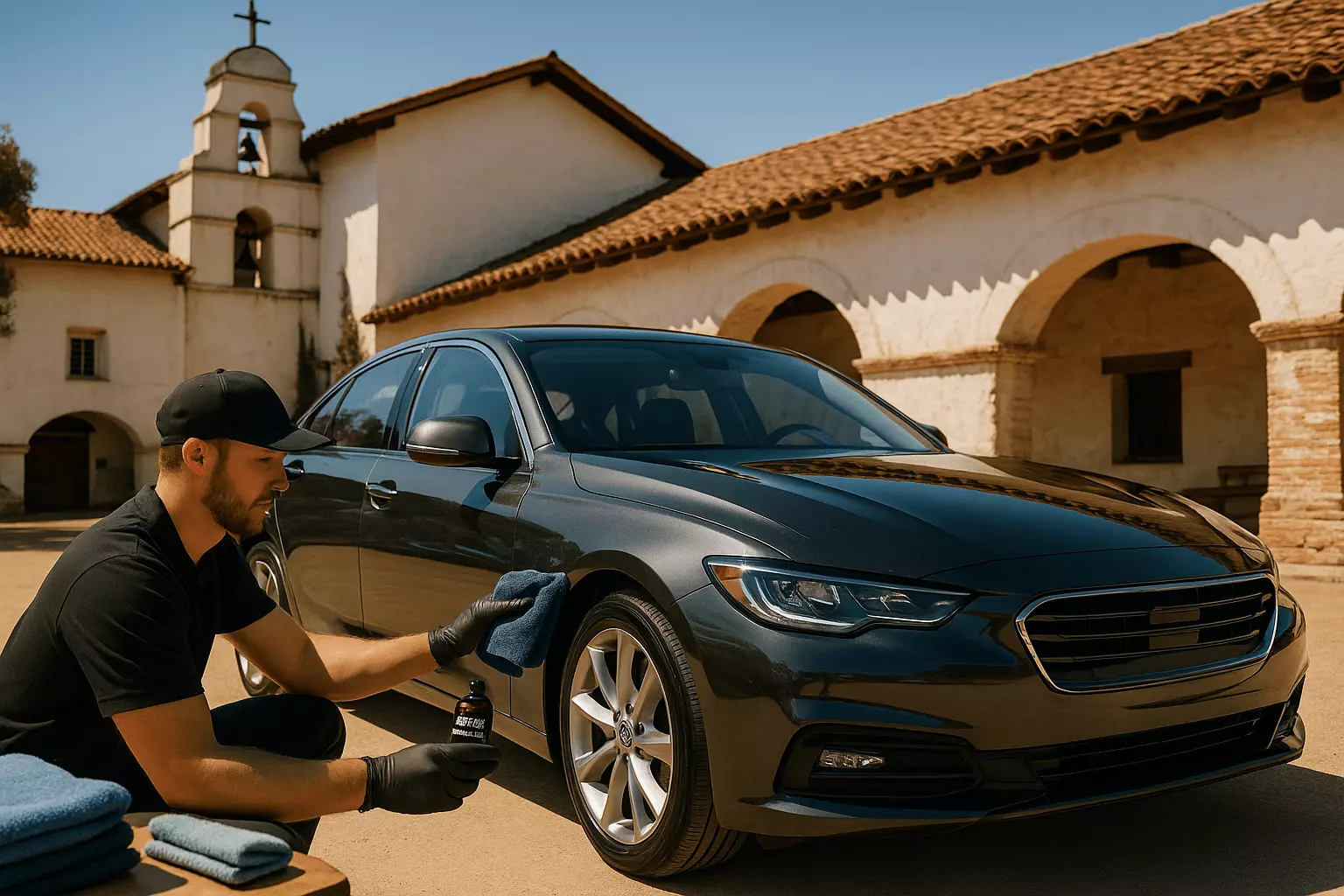 Professional detailer applying ceramic coating to a car in front of San Juan Bautista Mission.