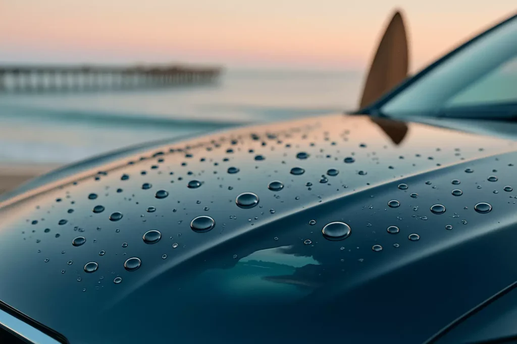 Close-up of car paint with ceramic coating, water droplets beading, reflecting Aptos coastline