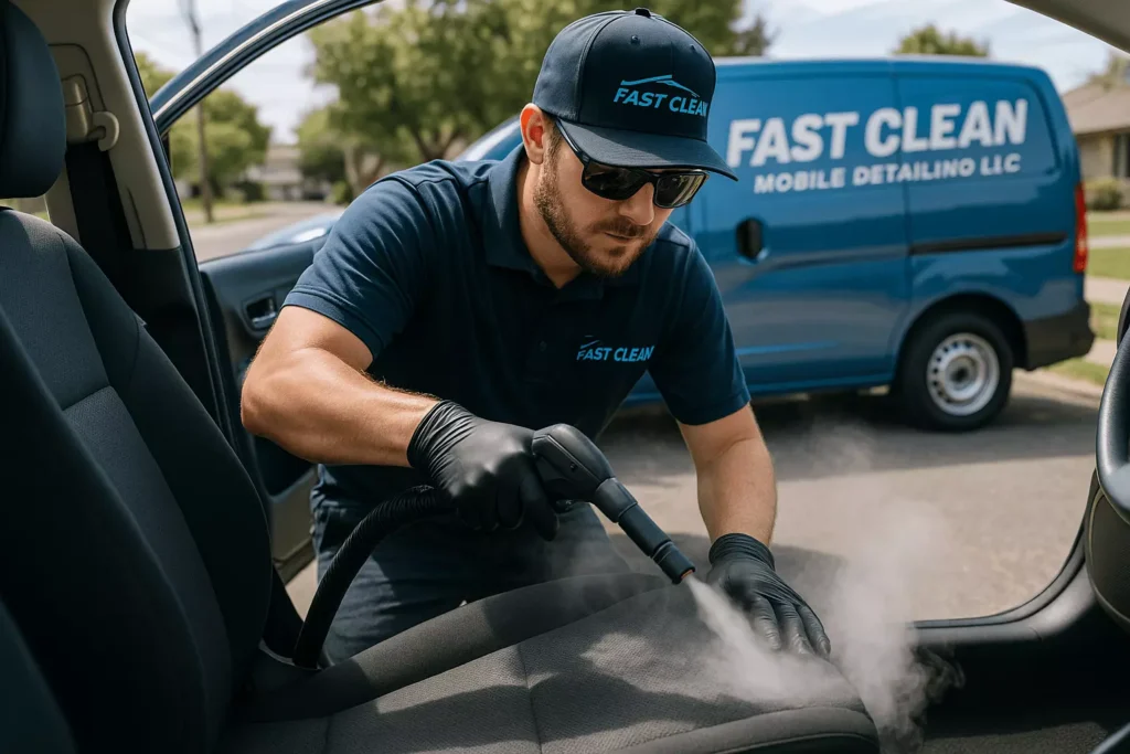Professional steam cleaning a car interior in Gilroy, with visible steam and mobile detailing setup