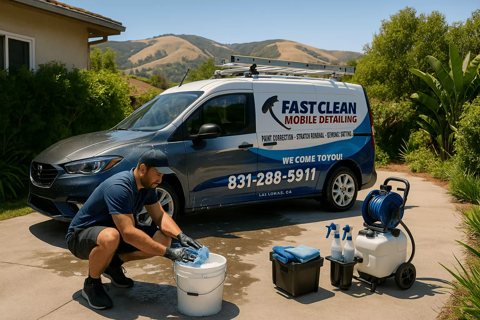 Professional mobile car detailing in a Las Lomas driveway with coastal hills.