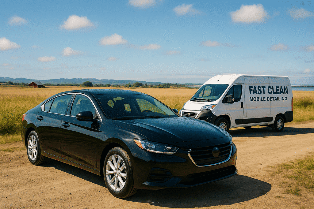 A shiny car after mobile detailing in Prunedale, with a detailing van in the background, set in a rural landscape.