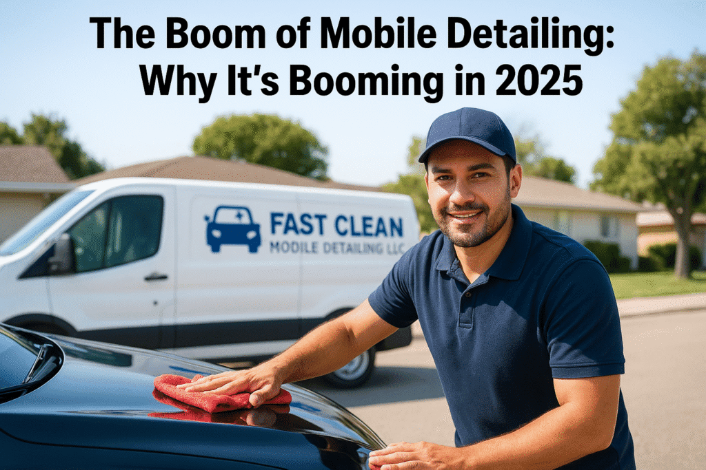 Illustration of mobile car detailing boom in 2025 with eco-tech and coastal Watsonville vibes