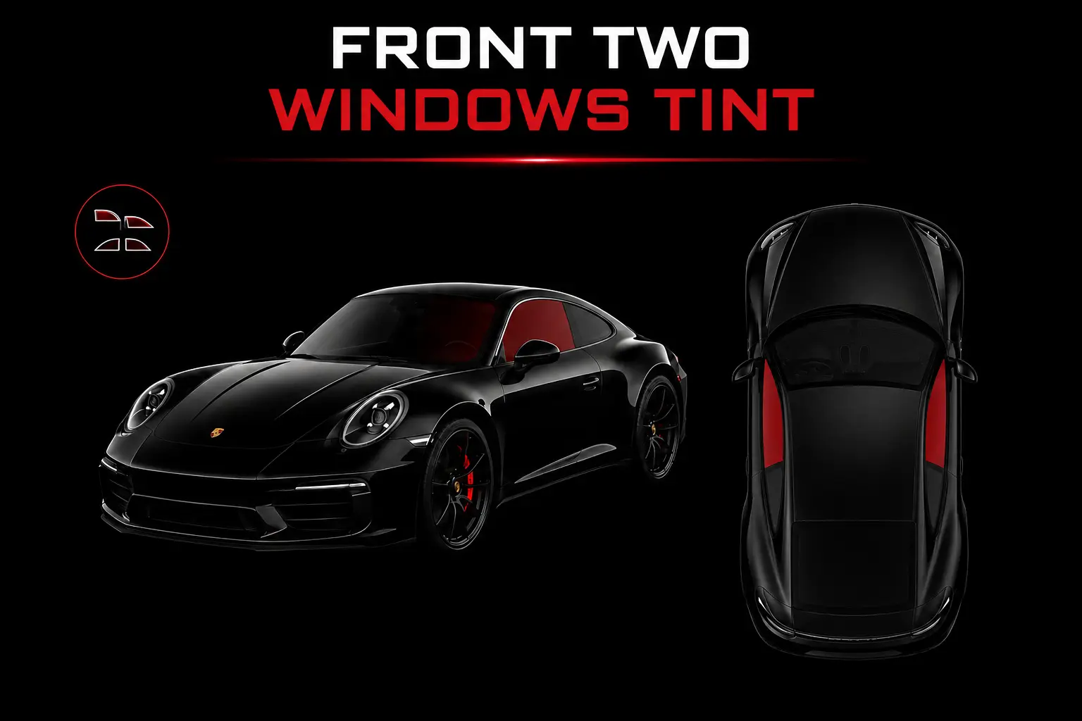 Black Porsche showcasing red highlighted front two windows tint coverage applied by Fast Clean Mobile Detailing in Watsonville, CA.