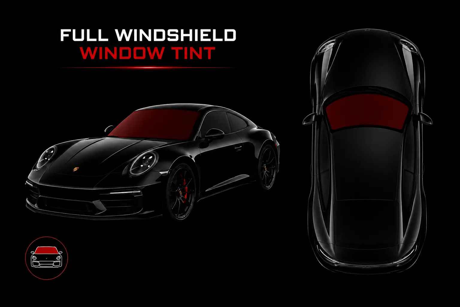 Black Porsche with a red highlighted full windshield tint applied by Fast Clean Mobile Detailing in Watsonville, CA.