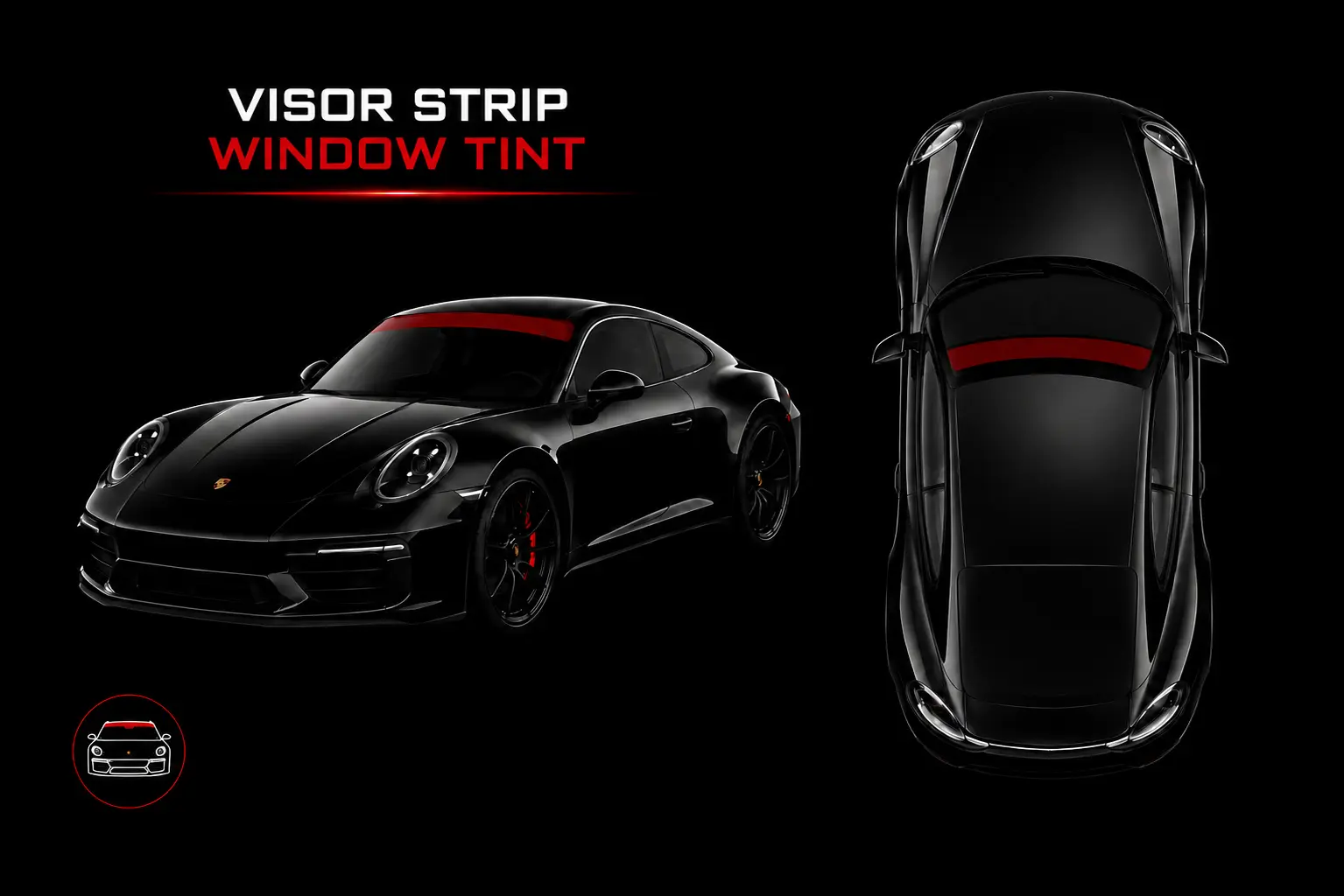 Black Porsche featuring a red highlighted visor strip window tint application by Fast Clean Mobile Detailing Watsonville.