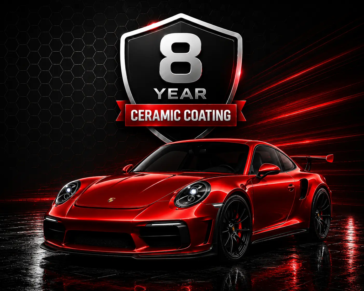 Premium red sports car displaying the mirror-like finish of an 8-year ceramic coating from Fast Clean Mobile Detailing Watsonville.