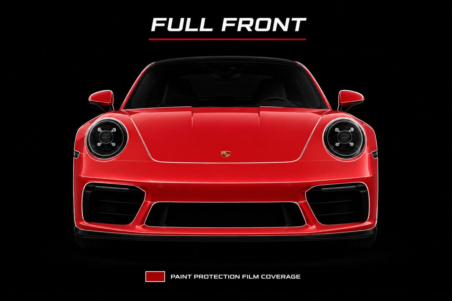 Red Porsche illustrating full front Paint Protection Film coverage across the entire hood, bumper, and front fenders.