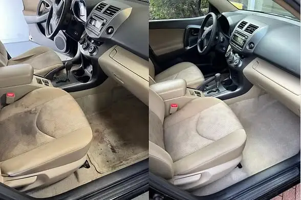 Before and after of a car's front interior cabin showing deep cleaning of carpets and seats.