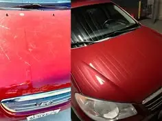 Before and after of red car paint showing removal of swirl marks and scratches.