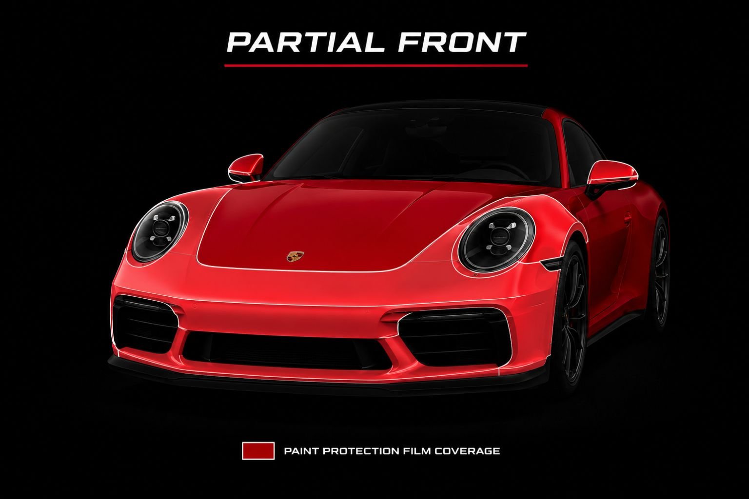 Red Porsche showing partial front Paint Protection Film coverage area on the bumper and front edge of the hood.