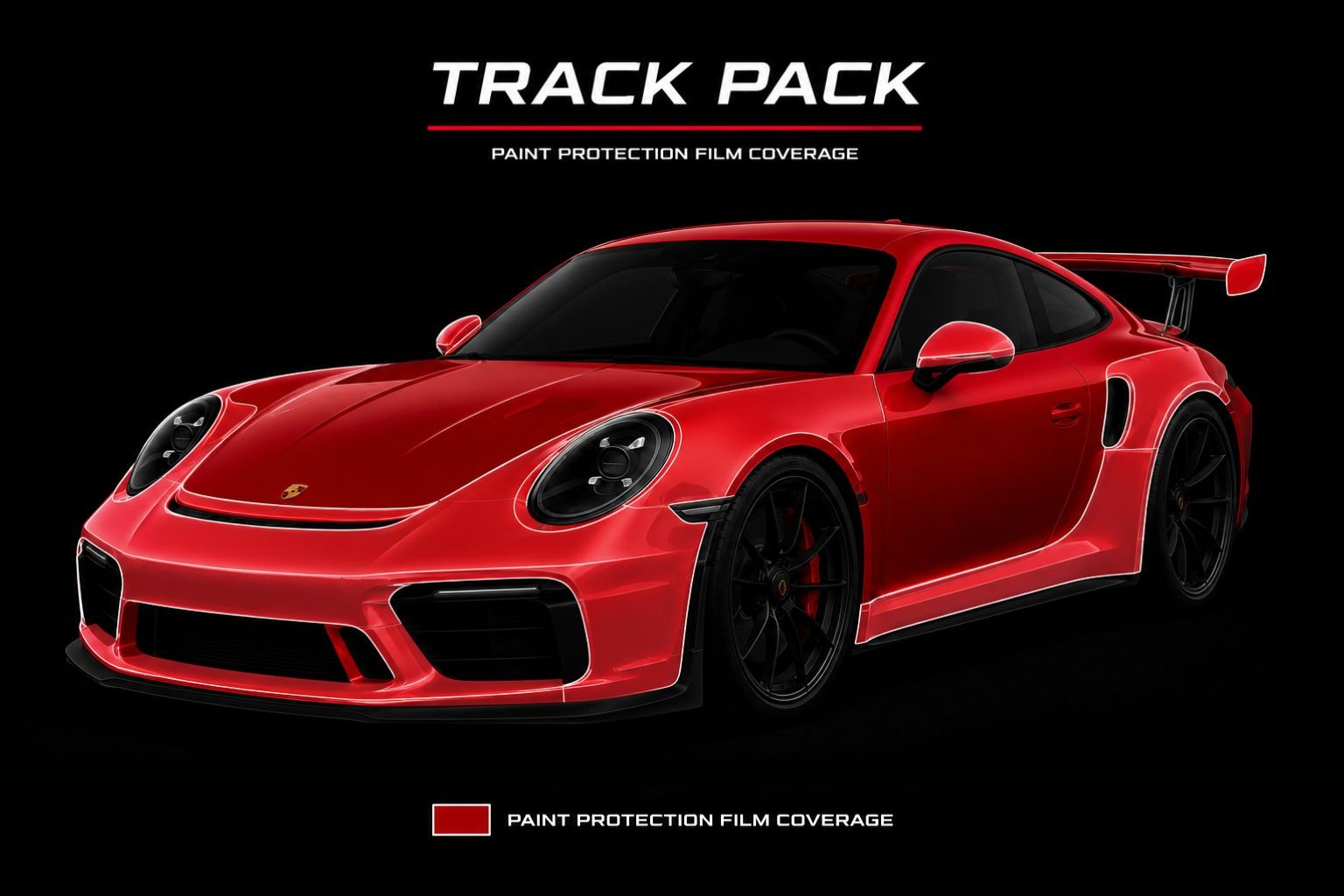 Red Porsche displaying Track Pack Paint Protection Film coverage including full front, side rocker panels, and lower rear bumper.